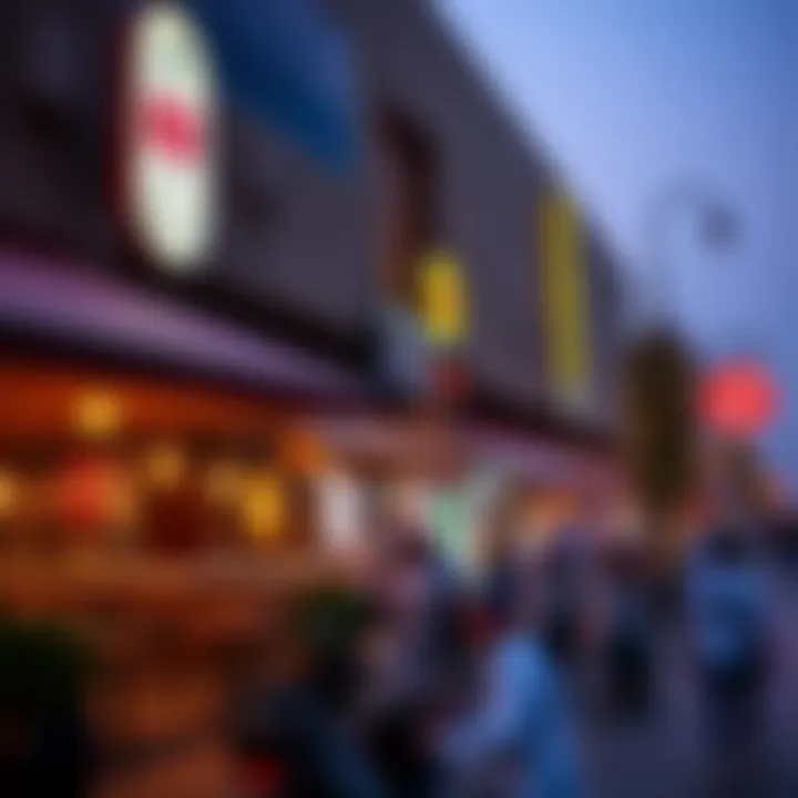 An evening view of a bustling food street filled with atmospheric dining options.