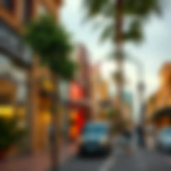 A picturesque street view of boutique shops in the lively neighborhood of Karama