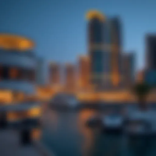 A stunning view of Dubai Wharf showcasing modern architecture and waterfront lifestyle
