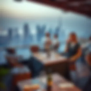 Sophisticated Rooftop Dining Experience Elegant dining setup with skyline backdrop