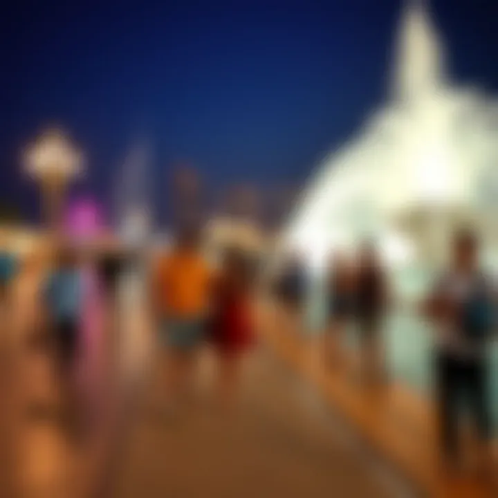 Visitors enjoying the vibrant atmosphere near the fountain on the boardwalk