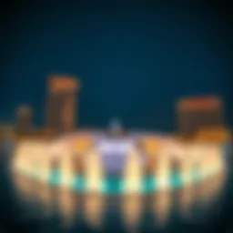 A panoramic view of Dubai's iconic fountain illuminated at night