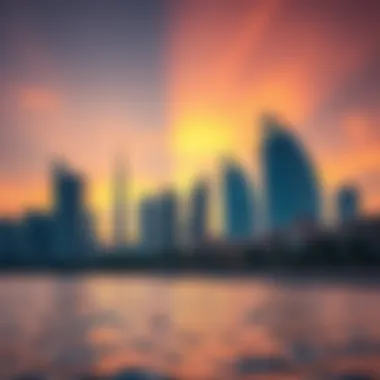 Jumeirah Beach Residence Skyline at Sunset Stunning view of Jumeirah Beach Residence skyline at sunset
