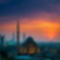 Sunset view over Dubai skyline with mosque silhouette