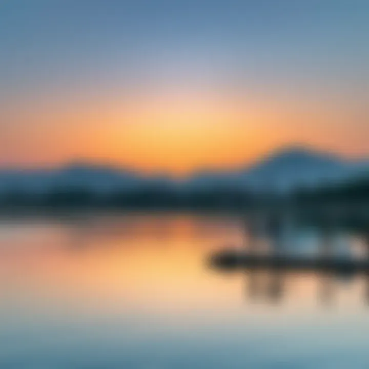 A tranquil sunset over the lake, highlighting its beauty and peaceful ambiance.